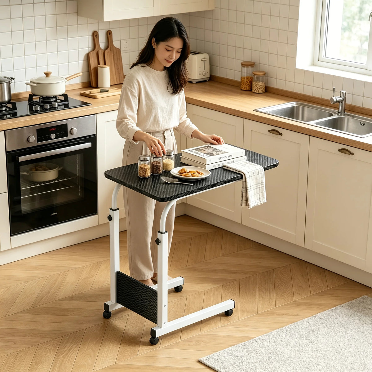 Portable Height Adjustable Rolling Laptop Cart, Overbed Table with Wheels, Multifunctional Side Table for Reading, Eating, Working on Bed & Couch