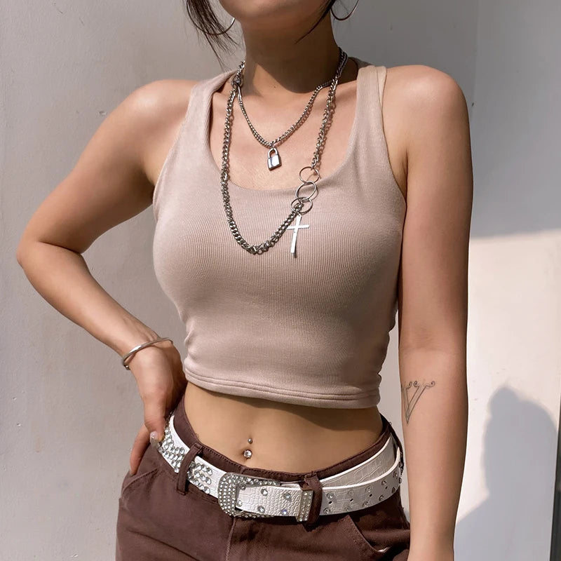 Women's Ribbed Halter Neck Crop Tank Top Sleeveless U-Neck Backless Slim Fit Solid White Knit Cami Summer Casual Basic Y2K