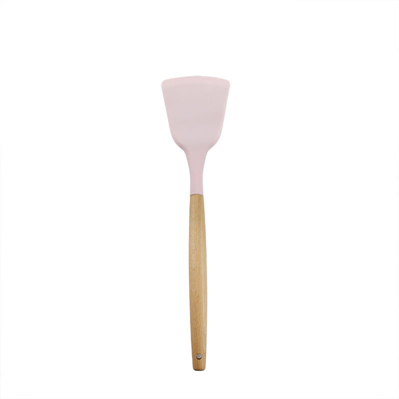 Pink wooden-handled silicone kitchen utensils