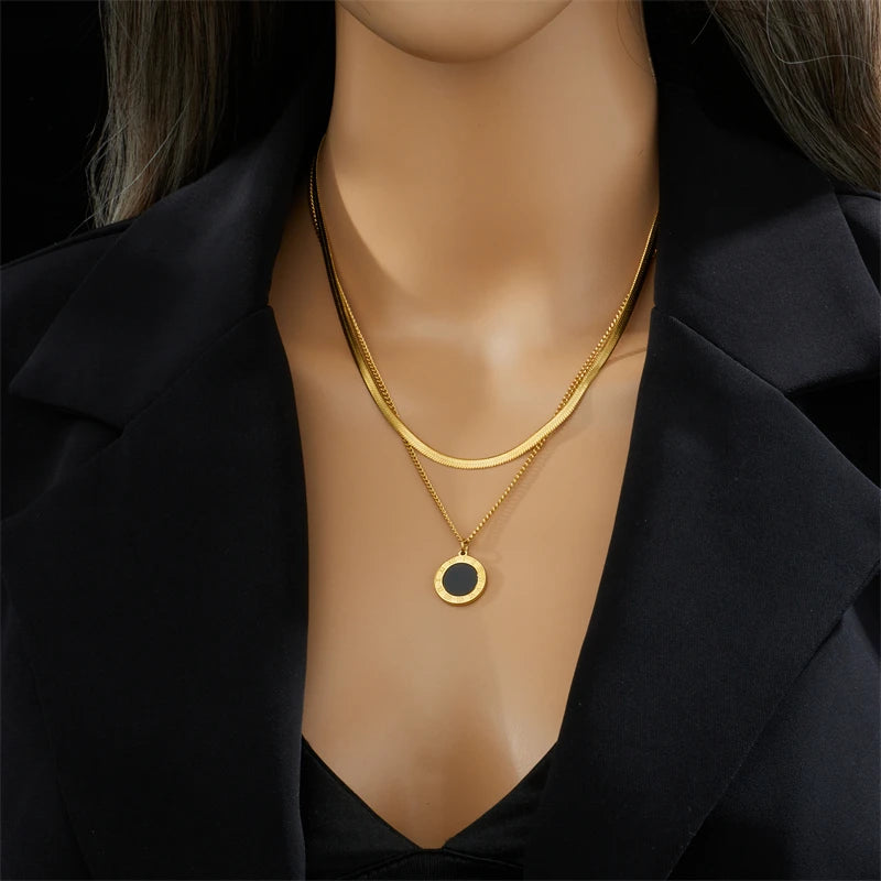 DIEYURO 316L Stainless Steel Roman Numeral Dial Pendant Necklace For Women New Trend Girls 2-Chain Choker Birthday Jewelry Gifts