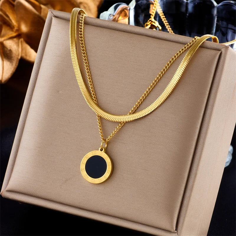DIEYURO 316L Stainless Steel Roman Numeral Dial Pendant Necklace For Women New Trend Girls 2-Chain Choker Birthday Jewelry Gifts