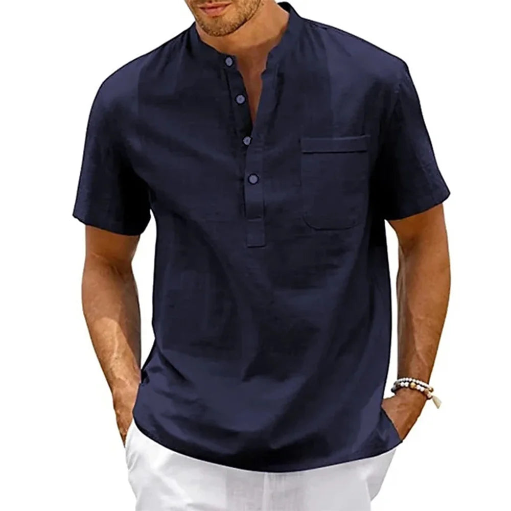 Cotton Linen Shirt Men Henley Neck Pocket Casual Beach Short Sleeve Solid Color Male Tops T-shirts Vintage Streetwear