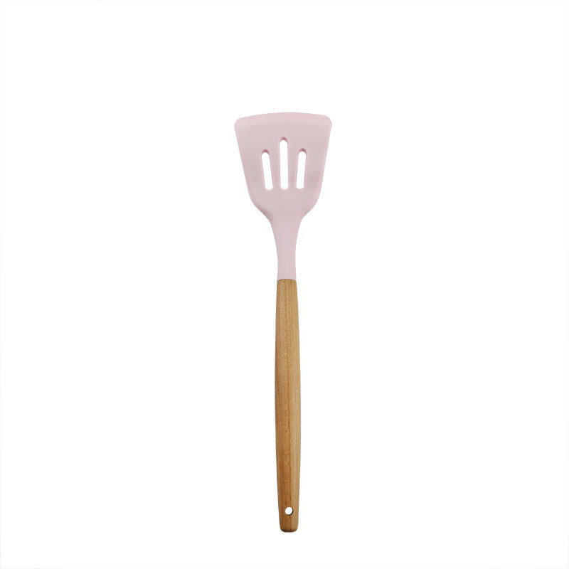 Pink wooden-handled silicone kitchen utensils