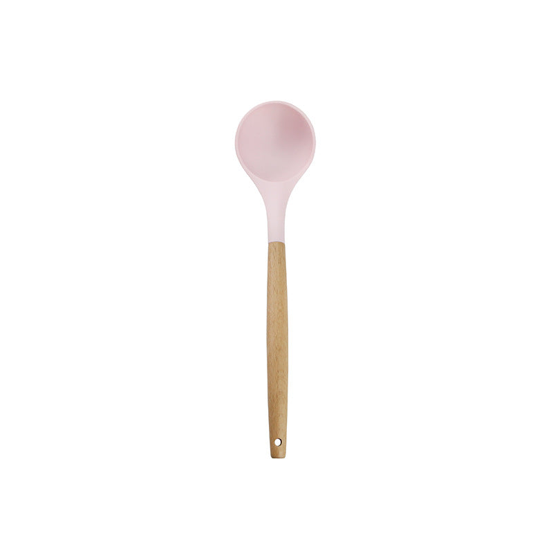 Pink wooden-handled silicone kitchen utensils