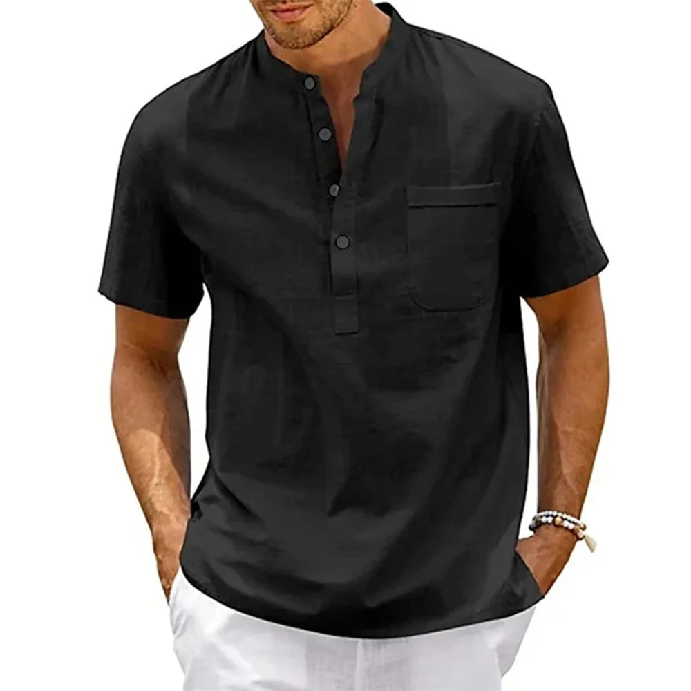 Cotton Linen Shirt Men Henley Neck Pocket Casual Beach Short Sleeve Solid Color Male Tops T-shirts Vintage Streetwear